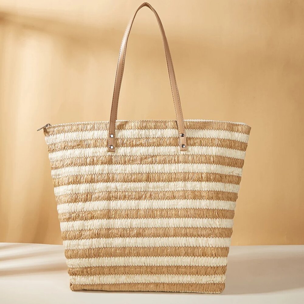 Beige Striped Straw Shoulder Bag/NWOT